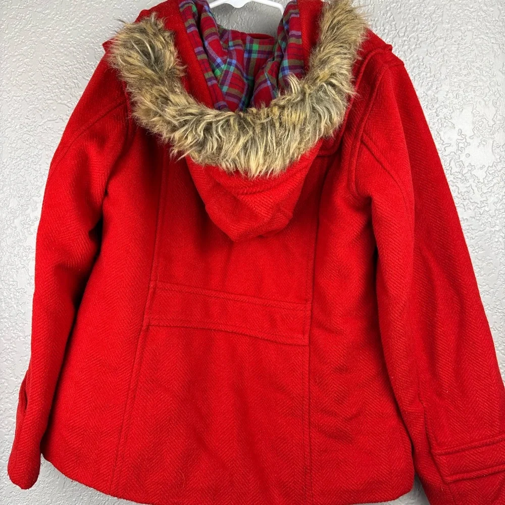 GAP Kids Red With Plaid Medium Wool Blend Toggle Coat